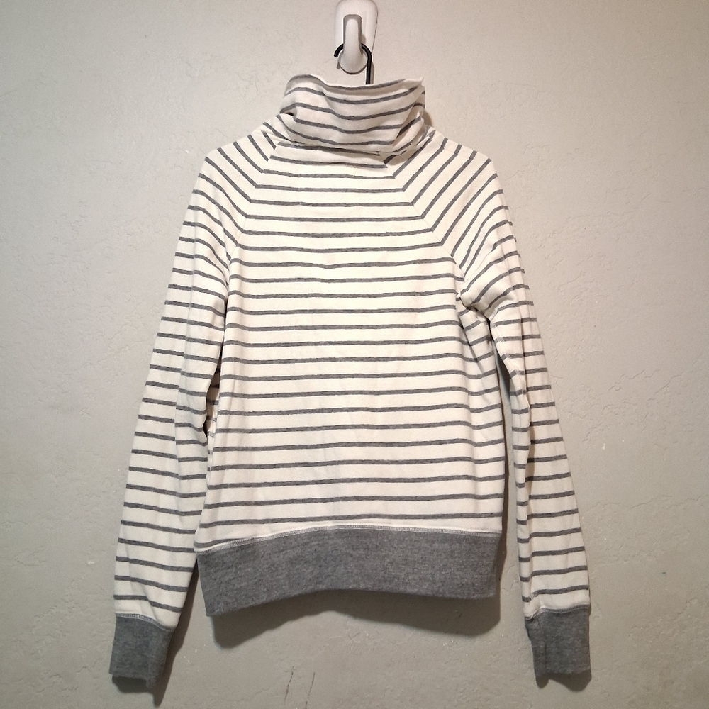 Abercrombie & Fitch Striped Cowl Neck Sweater Fleece Cream/ Gray SzL Sherpa - Picture 5 of 13